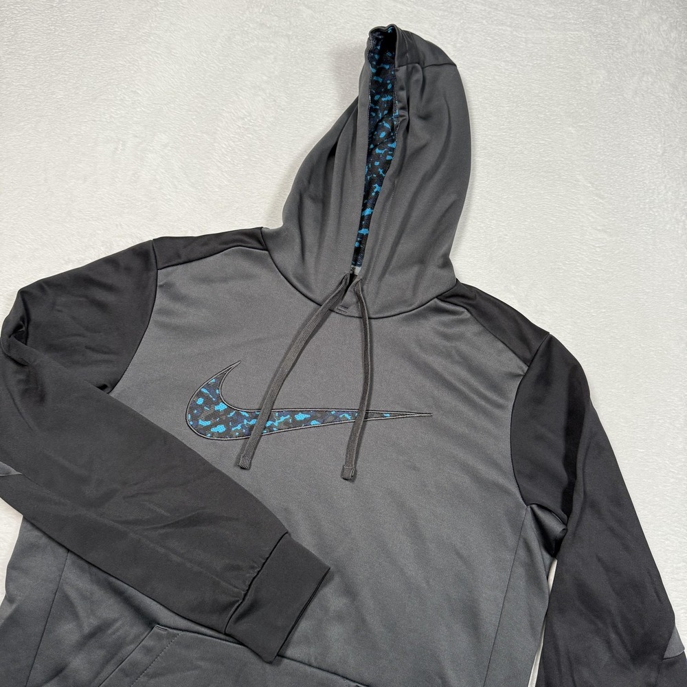 Nike Hoodie‎ Mens Medium Gray Black Therma-Fit Pullover Blue Swoosh 688276-060